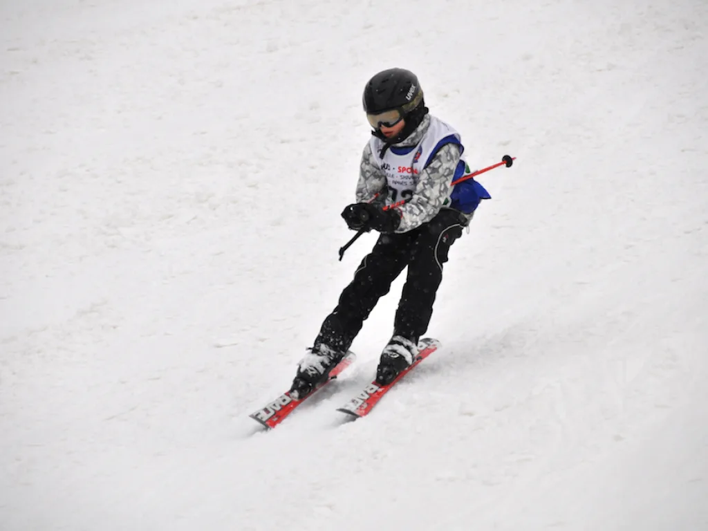 Skifahrer in dunkler Kleidung fährt talwärts.
